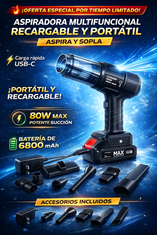 Aspiradora 4 en 1 Recargable – Limpia, Sopla, Cepilla e Infla